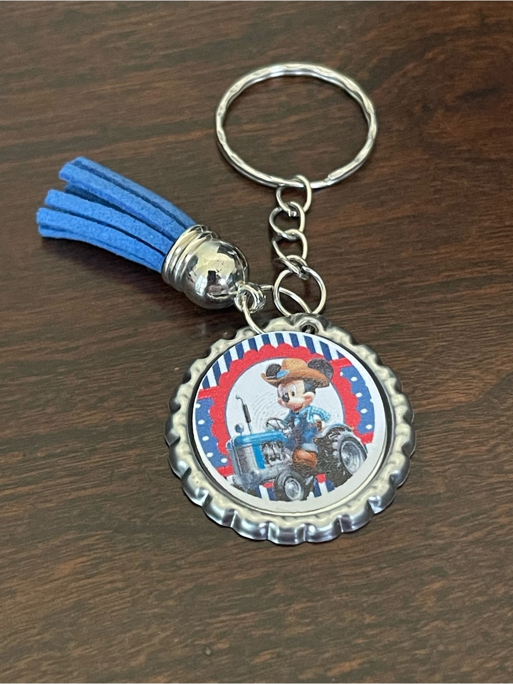 Blue Tassel Keychain with Cartoon Tractor Charm